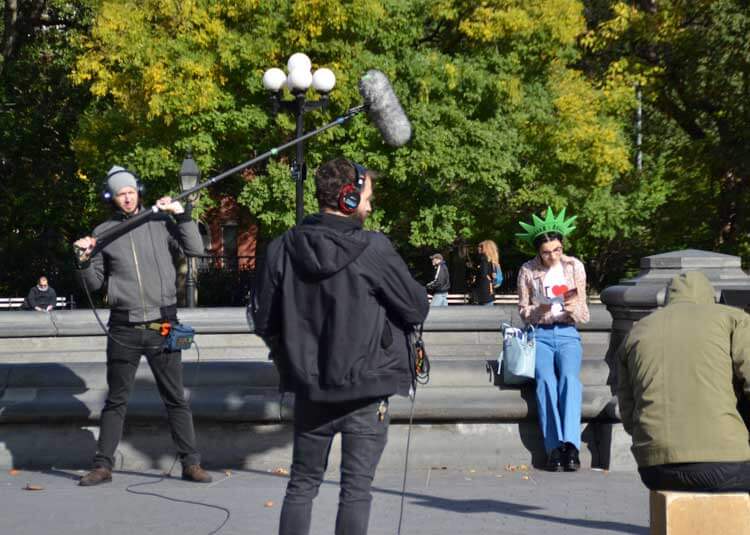 Fuente del Washington Square Park donde se está filmando una película